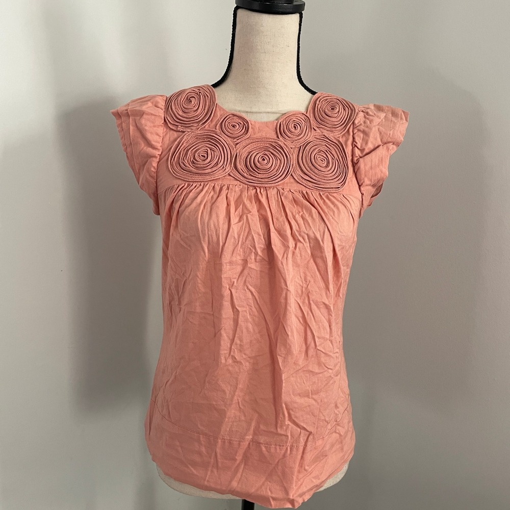 Vintage BCBGeneration Blouse sz XS Coral Pink Rosette‎ Flutter Sleeve Cotton 90s